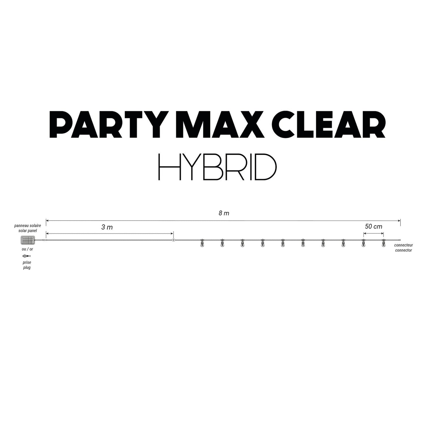 Guirlande lumineuse extérieur taupe 10 globes transparents raccordable LED blanc chaud PARTY MAX CLEAR HYBRID TAUPE 8m solaire et sur secteur