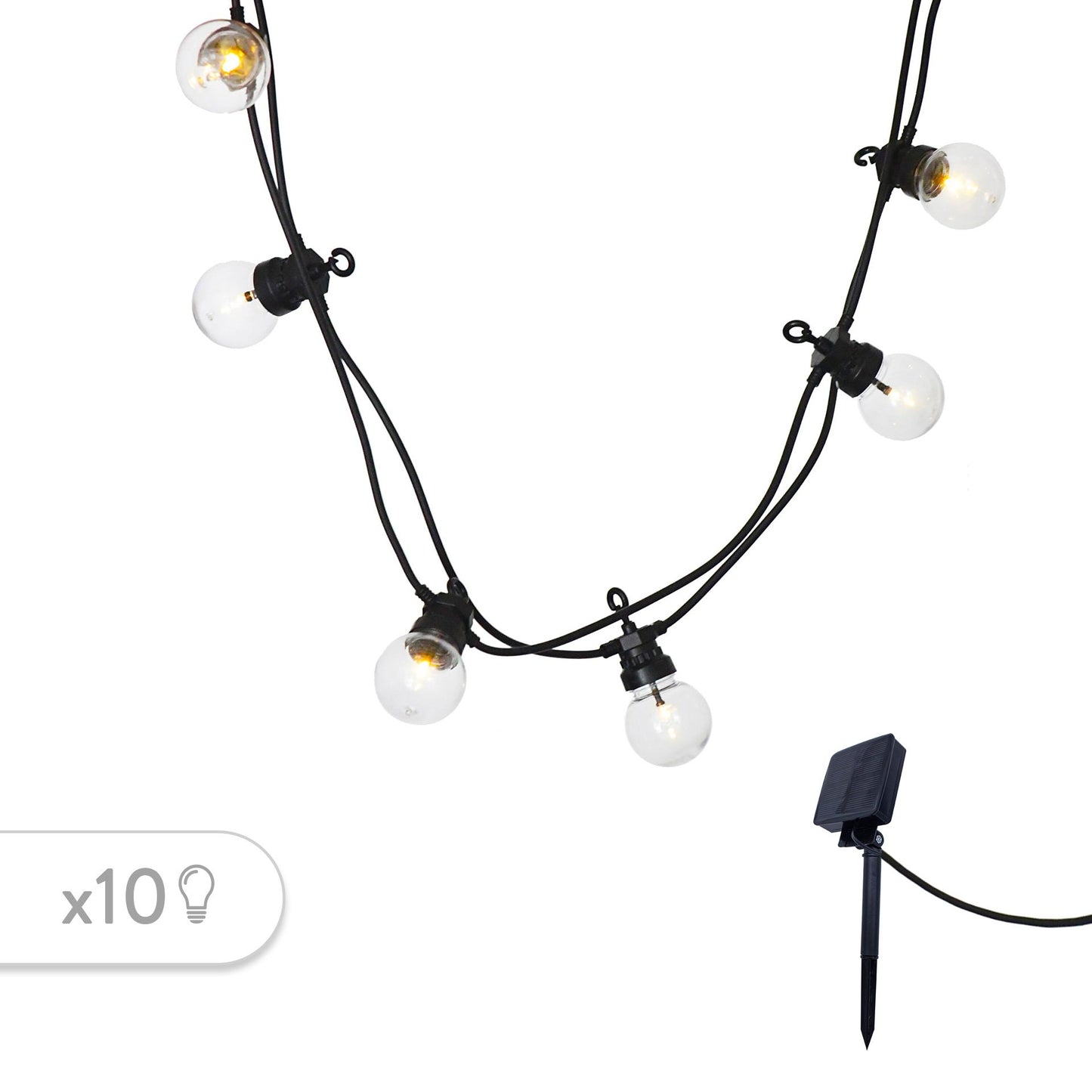 Guirlande lumineuse solaire 10 globes transparents LED blanc chaud PARTY CLEAR SOLAR 5.90m 8 modes - REDDECO.com