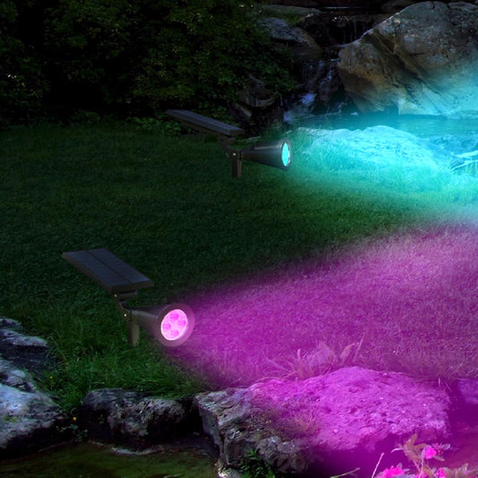 Lot de 2 spots solaires projecteur 2 en 1 à piquer ou à fixer dimmable LED multicolore SPIKY C34 H42cm - REDDECO.com