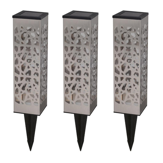 Lot de 3 balises solaires à piquer ou à poser ombre portée LED blanc chaud ORGANIC INOX H31cm - REDDECO.com