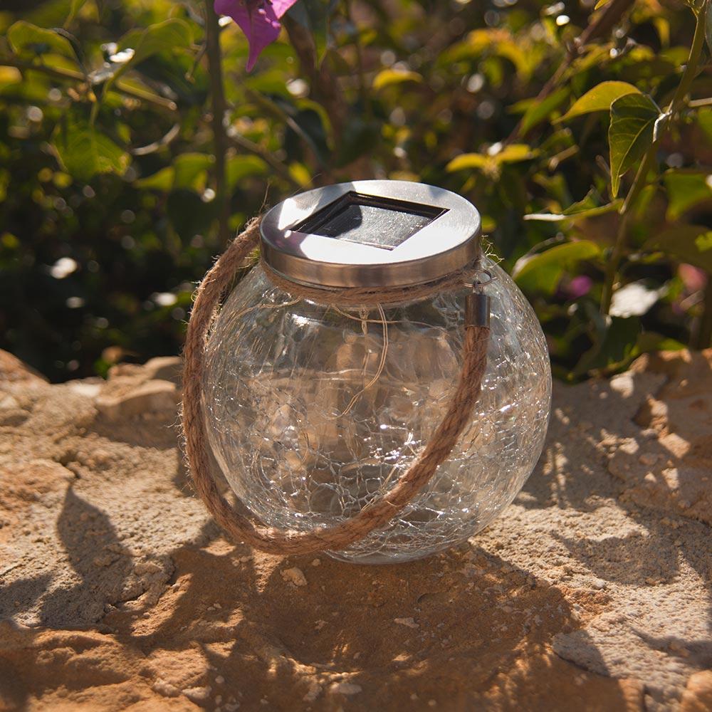Lot de 2 boules solaires en verre craquelé à poser poignée corde micro LED blanc chaud CRACK BALL CORD H13cm - REDDECO.com