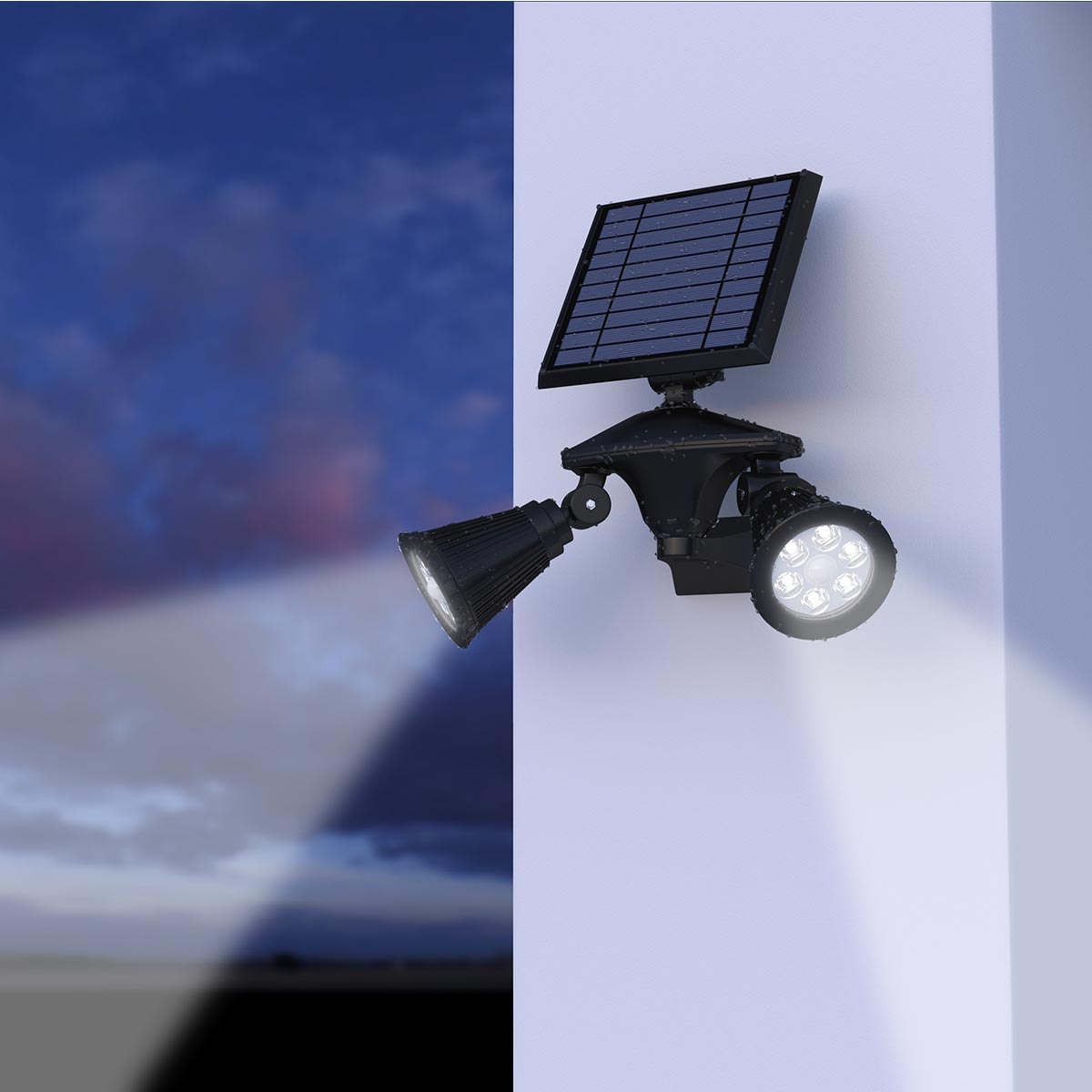 Double spot solaire projecteur 2 en 1 à piquer ou à fixer éclairage puissant LED blanc DOLBY SPIKY H71cm avec détecteur de mouvement - REDDECO.com