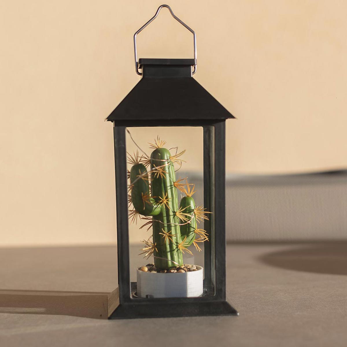 Lanterne végétale solaire photophore cactus micro LED blanc chaud PABLO H35cm - REDDECO.com